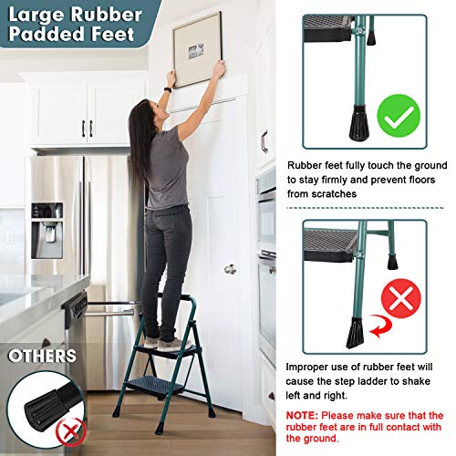 HBTower 2 Step Ladder, Folding Step Stool with Wide Anti-Slip Pedal, Sturdy Steel Ladder, Convenient Handgrip, Lightweight 500lbs Portable Steel Step Stool, Green and Black