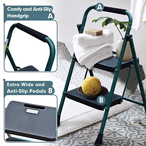 HBTower 2 Step Ladder, Folding Step Stool with Wide Anti-Slip Pedal, Sturdy Steel Ladder, Convenient Handgrip, Lightweight 500lbs Portable Steel Step Stool, Green and Black