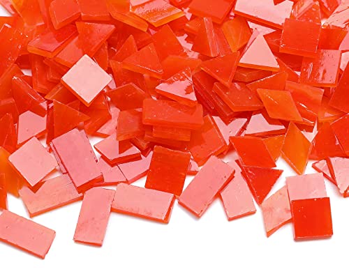 Lanyani Glass Mosaic Tiles for Art Crafts,4 Shapes Mixed Tiffany Stained Glass Pieces,200 Pieces (Orange-Red)