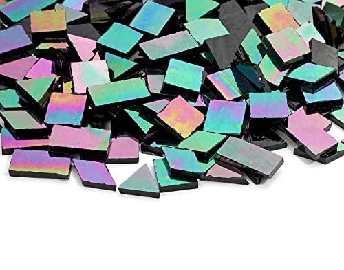 Lanyani Glass Mosaic Tiles for Art Crafts,4 Shapes Mixed Tiffany Stained Glass Pieces,200 Pieces,Square/Rectangle/Diamond/Triangle,Iridescent Black