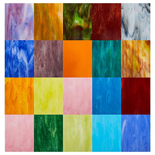 MaxGrain 20 Sheets Variety Stained Glass Sheets,4x6 inch Tiffany Stained Glass Packs for Crafts, Mixed Bright Color and Patterns