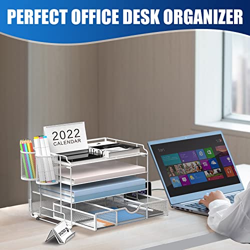 DALTACK 4-Trays Desktop File Organizer with Pen Holder, Letter Tray Paper Organizer with Drawer and Pen Holders, White Mesh Office Supplies File Holder, Desk Organizer for Office School Home
