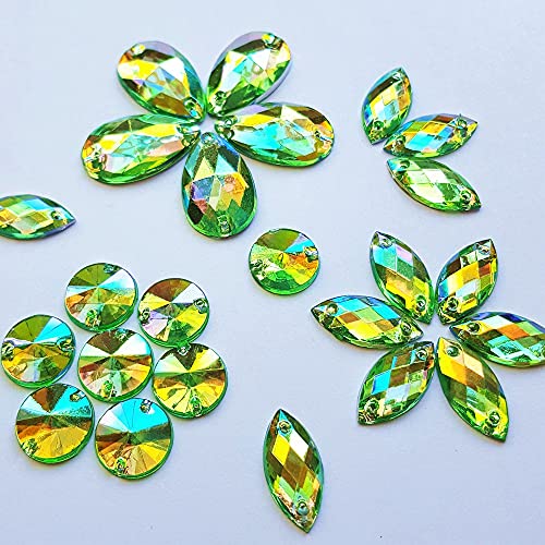 150pcs Drop Horse Eye Round Mix Shape AB Color Clear Sew On Acrylic Rhinestones Flatback Stones Sewing for Clothing Wedding Dress Decorations (Green)