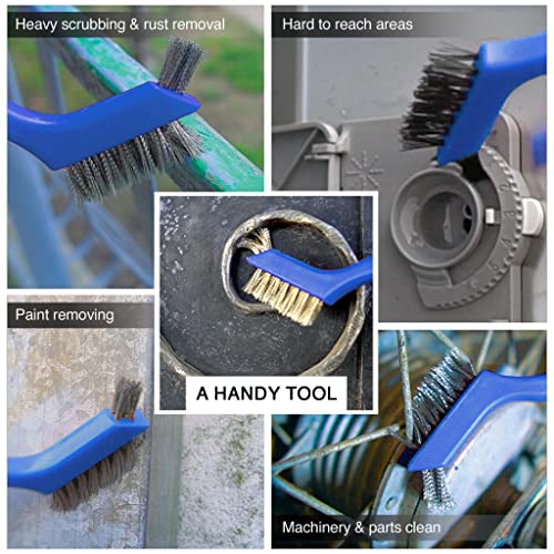 Lavaxon Wire Brush Set 3Pcs - Nylon/Brass/Stainless Steel Bristles with Curved Handle Grip for Rust, Dirt & Paint Scrubbing with Deep Cleaning – 7 Inches (Blue)