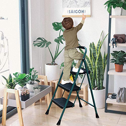 HBTower 3 Step Ladder, Folding Step Stool with Wide Anti-Slip Pedal, 500 lbs Sturdy Steel Ladder, Convenient Handgrip, Lightweight, Portable Steel Step Stool, Green and Black
