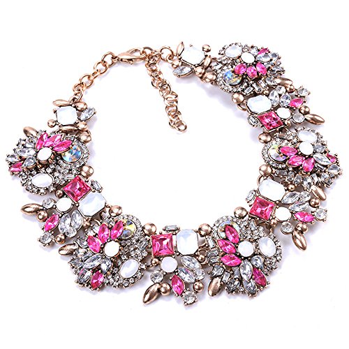 Bib Statement Necklace Colorful Crystal Rhinestone Choker Necklace Collar Necklace for Women Fashion Accessories (Rose Pink+White)