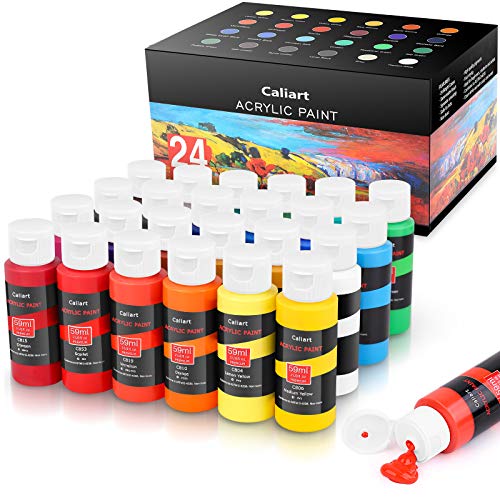 Caliart Acrylic Paint Set With 12 Brushes, 24 Colors (59ml, 2oz) Art Craft Paints for Artists Kids Students Beginners & Painters, Canvas Halloween Pumpkin Ceramic Wood Rock Painting Art Supplies Kit