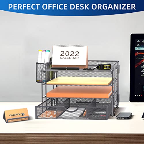 DALTACK 4-Trays Desktop File Organizer with Pen Holder, Letter Tray Paper Organizer with Drawer and Pen Holders, Grey Mesh Office Supplies File Holder, Desk Organizer for Office School Home