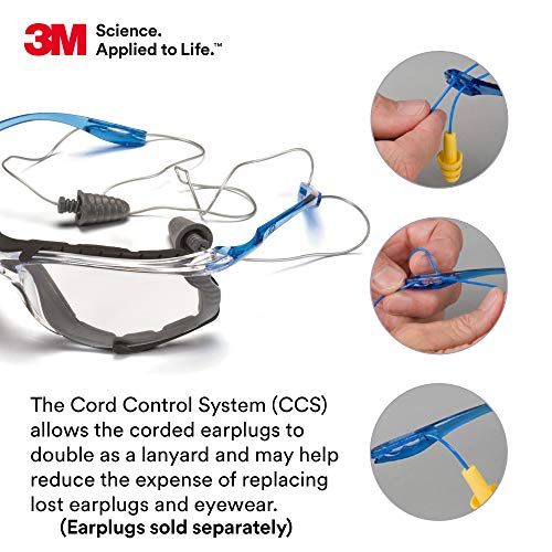 3M Safety Glasses, Virtua CCS, ANSI Z87, Anti-Fog, Clear Lens, Blue Frame, Corded Ear Plug Control, Removable Foam Gasket