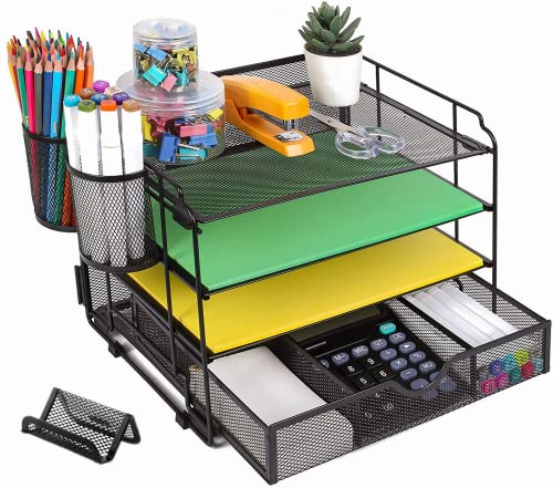 DALTACK 4-Trays Desktop File Organizer with Pen Holder,Letter Tray Paper Organizer with Drawer and Pen Holders, Black Mesh Office Supplies File Holder,Desk Organizer for Office School Home