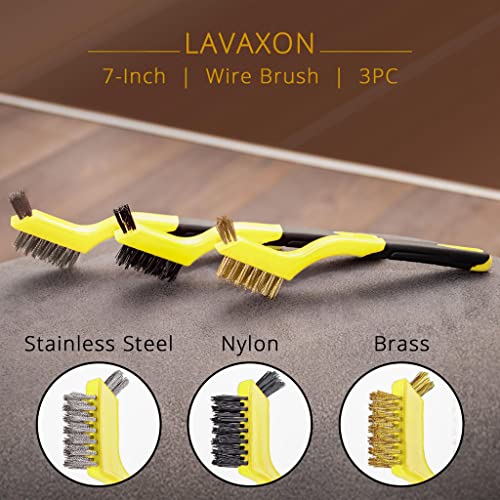 Lavaxon Wire Brush Set 3Pcs - Nylon/Brass/Stainless Steel Bristles with Curved Handle Grip for Rust, Dirt & Paint Scrubbing with Deep Cleaning – 7 Inches (Yellow)