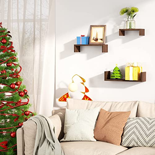 SRIWATANA Floating Shelves Wall Mounted, Solid Wood Wall Shelves Set of 3, Dark Brown