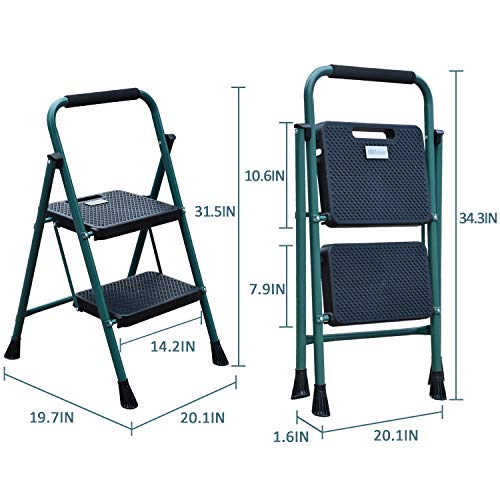 HBTower 2 Step Ladder, Folding Step Stool with Wide Anti-Slip Pedal, Sturdy Steel Ladder, Convenient Handgrip, Lightweight 500lbs Portable Steel Step Stool, Green and Black