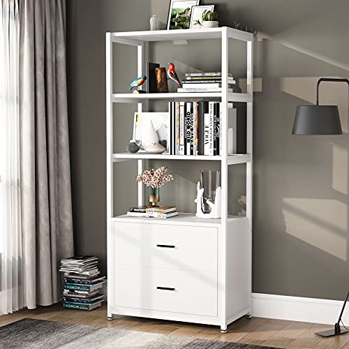 Tribesigns Bookcase, 4-Tier White Bookshelf with 2 Drawers, Etagere Standard Book Shelves Display Shelf for Home Office (White)