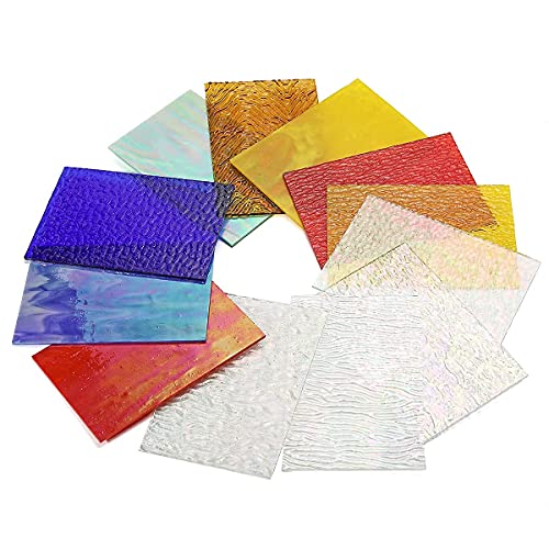 Lanyani 12 Sheets Iridescent Stained Glass Sheets, Cathedral Art Glass Packs for Mosaic Work Craft, Assorted Clear+Opaque+Colored Transparent