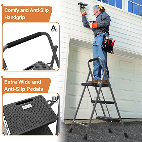 HBTower 3 Step Ladder, Folding Step Stool with Wide Anti-Slip Pedal, Sturdy Steel Ladder, Convenient Handgrip, Lightweight 500lbs Portable Steel Step Stool, Grey