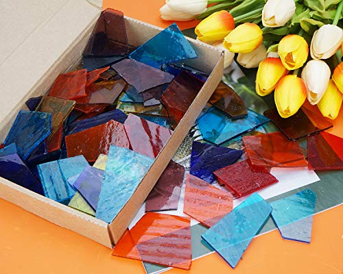 Lanyani Transparent Cathedral Stained Glass Pieces Sheets, Glass Mosaic Tiles Supplies for Crafts, Irregular Shape and Mixed Colors, 2.2 Pound Value Pack