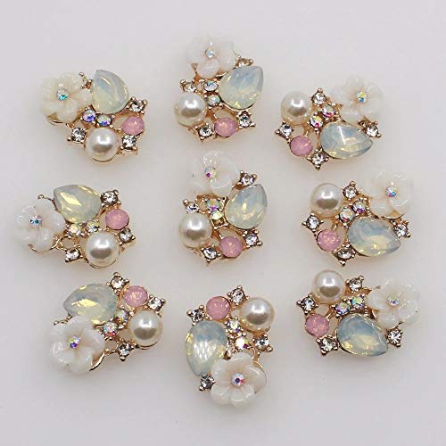 Worlds 10PC Five-Petal Flowe Rhinestone Pearl Flatback Alloy Buttons Wedding Decoration DIY Clothing Scrapbooking Crafts Accessories 19mmX14mm