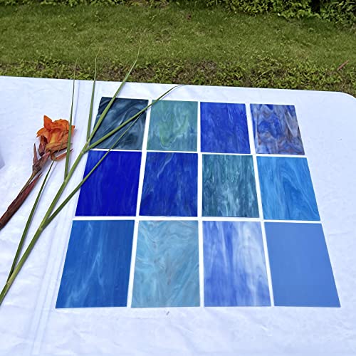Unicoshape 12 Sheets Stained Glass Sheets Pack, 6" X 4" Cathedral Glass, Art Glass, Mosaic Glass Tiles for Crafts, (Mixed Blue)