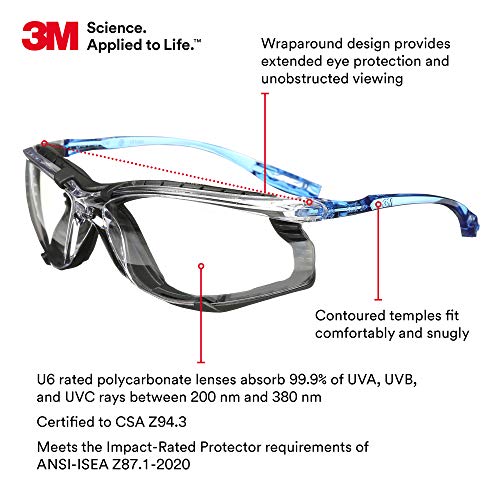 3M Safety Glasses, Virtua CCS, ANSI Z87, Anti-Fog, Clear Lens, Blue Frame, Corded Ear Plug Control, Removable Foam Gasket
