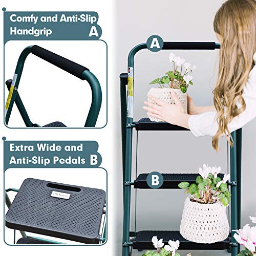 HBTower 3 Step Ladder, Folding Step Stool with Wide Anti-Slip Pedal, 500 lbs Sturdy Steel Ladder, Convenient Handgrip, Lightweight, Portable Steel Step Stool, Green and Black