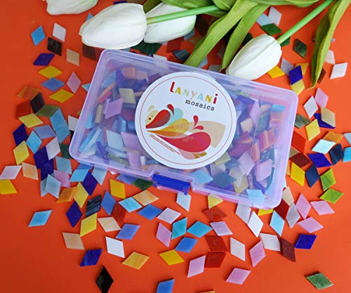 Lanyani Diamond Glass Mosaic Tiles Pieces Stained Glass for Crafts, Mixed Bright Colors and Patterns, 500g/1.1lb