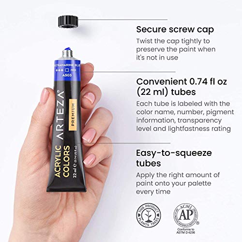Arteza Acrylic Paint, Set of 12 Colors/Tubes (0.74 oz, 22 ml) with Storage Box, Rich Pigments, Non Fading, Non Toxic Paints for Artist & Hobby Painters, Art Supplies for Canvas Painting