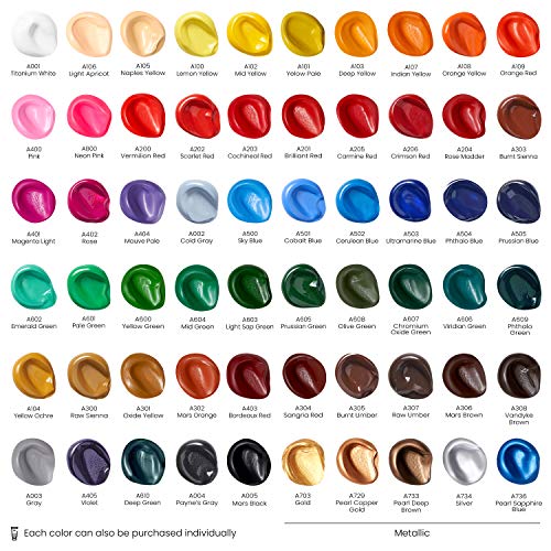 Arteza Acrylic Paint, Set of 60 Colors, 0.74 oz/22 ml Tubes, Art Paint includes 5 Metallic Colors, Rich Pigments, Non-Fading, Non-Toxic Paints for Artist & Hobby Painters, Art Supplies for Painting
