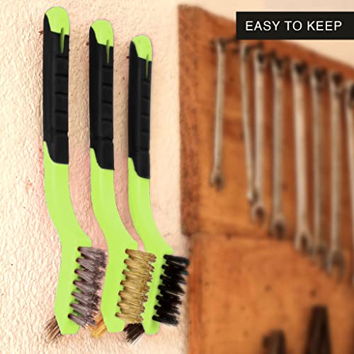 Lavaxon Wire Brush Set 3Pcs - Nylon/Brass/Stainless Steel Bristles with Curved Handle Grip for Rust, Dirt & Paint Scrubbing with Deep Cleaning – 7 Inches (Green)