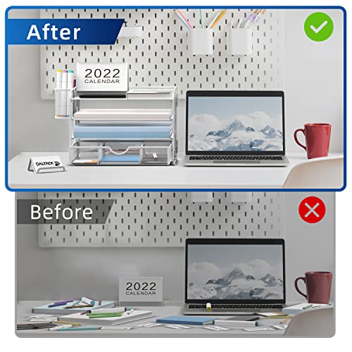 DALTACK 4-Trays Desktop File Organizer with Pen Holder, Letter Tray Paper Organizer with Drawer and Pen Holders, White Mesh Office Supplies File Holder, Desk Organizer for Office School Home
