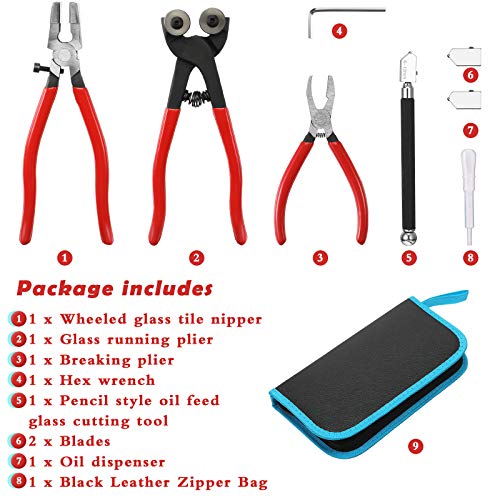 8 Pieces Glass Mosaic Cutter Kits, Including Wheeled Glass Tile Nipper, Glass Running Plier, Breaking Plier, Hex Wrench and Pencil Style Oil Feed Glass Cutting Tool, 2 Blades and Oil Dispenser