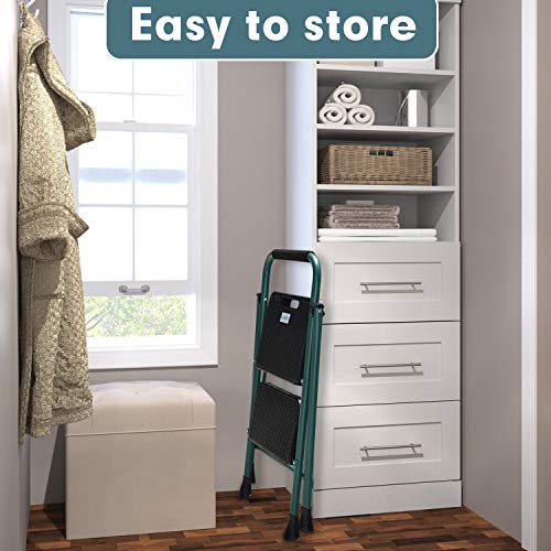 HBTower 2 Step Ladder, Folding Step Stool with Wide Anti-Slip Pedal, Sturdy Steel Ladder, Convenient Handgrip, Lightweight 500lbs Portable Steel Step Stool, Green and Black