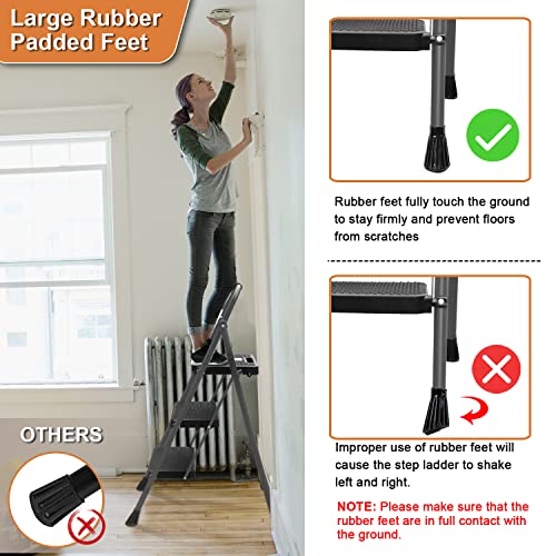 HBTower 3 Step Ladder, Folding Step Stool with Wide Anti-Slip Pedal, Sturdy Steel Ladder, Convenient Handgrip, Lightweight 500lbs Portable Steel Step Stool, Grey