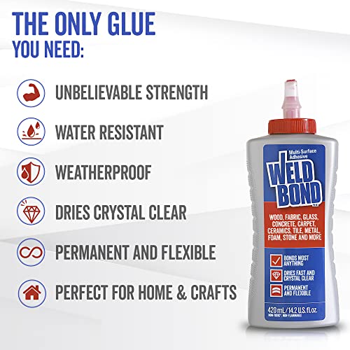 Weldbond Multi-Surface Adhesive Glue, Bonds Most Anything. Use as Wood Glue or on Fabric Glass Mosaic Carpet Ceramic Tile Metal Stone & More. Non-Toxic, Dries Crystal Clear 14.2oz /420ml