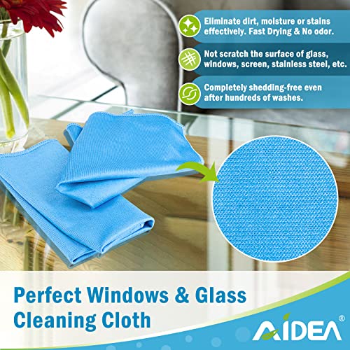 AIDEA Microfiber Glass Cleaning Cloths-8PK, Lint Free Streak Free, Quickly Clean Windows, Glass, Mirrors, Windshields, Stainless Steel, Blue-14”×16”