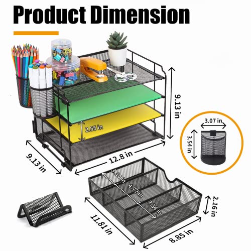 DALTACK 4-Trays Desktop File Organizer with Pen Holder,Letter Tray Paper Organizer with Drawer and Pen Holders, Black Mesh Office Supplies File Holder,Desk Organizer for Office School Home