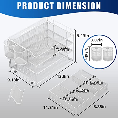 DALTACK 4-Trays Desktop File Organizer with Pen Holder, Letter Tray Paper Organizer with Drawer and Pen Holders, White Mesh Office Supplies File Holder, Desk Organizer for Office School Home