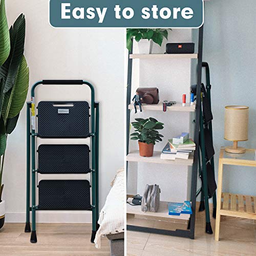 HBTower 3 Step Ladder, Folding Step Stool with Wide Anti-Slip Pedal, 500 lbs Sturdy Steel Ladder, Convenient Handgrip, Lightweight, Portable Steel Step Stool, Green and Black