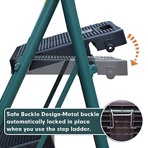 HBTower 2 Step Ladder, Folding Step Stool with Wide Anti-Slip Pedal, Sturdy Steel Ladder, Convenient Handgrip, Lightweight 500lbs Portable Steel Step Stool, Green and Black