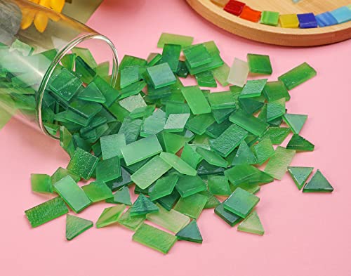 Lanyani Glass Mosaic Tiles for Art Crafts,4 Shapes Mixed Tiffany Stained Glass Pieces,200 Pieces (Green-1)