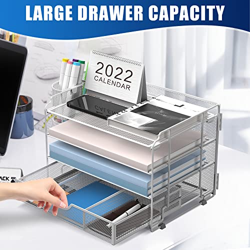 DALTACK 4-Trays Desktop File Organizer with Pen Holder, Letter Tray Paper Organizer with Drawer and Pen Holders, White Mesh Office Supplies File Holder, Desk Organizer for Office School Home