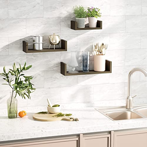 SRIWATANA Floating Shelves Wall Mounted, Solid Wood Wall Shelves Set of 3, Light Brown
