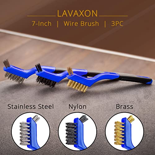 Lavaxon Wire Brush Set 3Pcs - Nylon/Brass/Stainless Steel Bristles with Curved Handle Grip for Rust, Dirt & Paint Scrubbing with Deep Cleaning – 7 Inches (Blue)