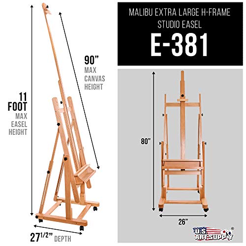 U.S. Art Supply Malibu Heavy Duty Extra Large Adjustable H-Frame Studio Easel with Artist Storage Tray - Tilts Flat, Sturdy Wooden Beech Wood Painting Canvas Holder Stand - Locking Caster Wheels
