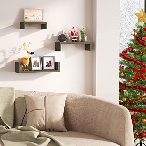 SRIWATANA Floating Shelves Wall Mounted, Solid Wood Wall Shelves Set of 3, Light Brown