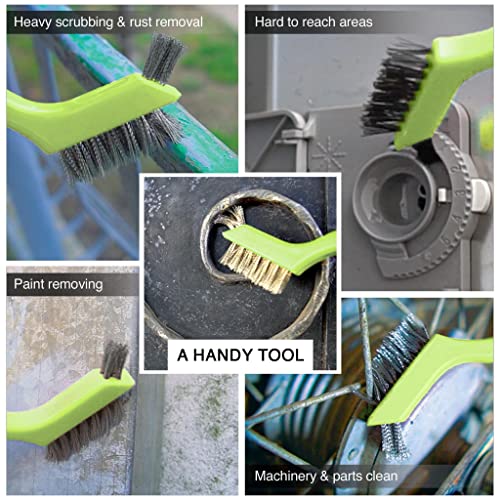 Lavaxon Wire Brush Set 3Pcs - Nylon/Brass/Stainless Steel Bristles with Curved Handle Grip for Rust, Dirt & Paint Scrubbing with Deep Cleaning – 7 Inches (Green)