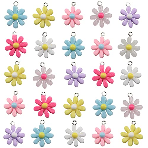 30Pcs Daisy Flower Pendant Charms Colorful Resin Jewelry Making Ornament DIY Pendant Making Charm for Bracelet Necklace Earrings Keychain Craft