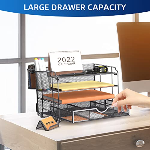 DALTACK 4-Trays Desktop File Organizer with Pen Holder, Letter Tray Paper Organizer with Drawer and Pen Holders, Grey Mesh Office Supplies File Holder, Desk Organizer for Office School Home