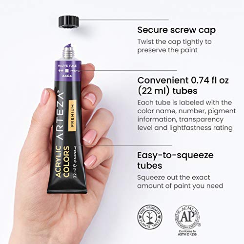 Arteza Acrylic Paint, Set of 60 Colors, 0.74 oz/22 ml Tubes, Art Paint includes 5 Metallic Colors, Rich Pigments, Non-Fading, Non-Toxic Paints for Artist & Hobby Painters, Art Supplies for Painting