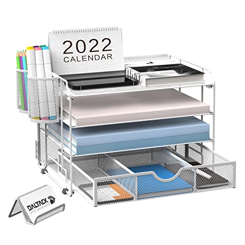DALTACK 4-Trays Desktop File Organizer with Pen Holder, Letter Tray Paper Organizer with Drawer and Pen Holders, White Mesh Office Supplies File Holder, Desk Organizer for Office School Home